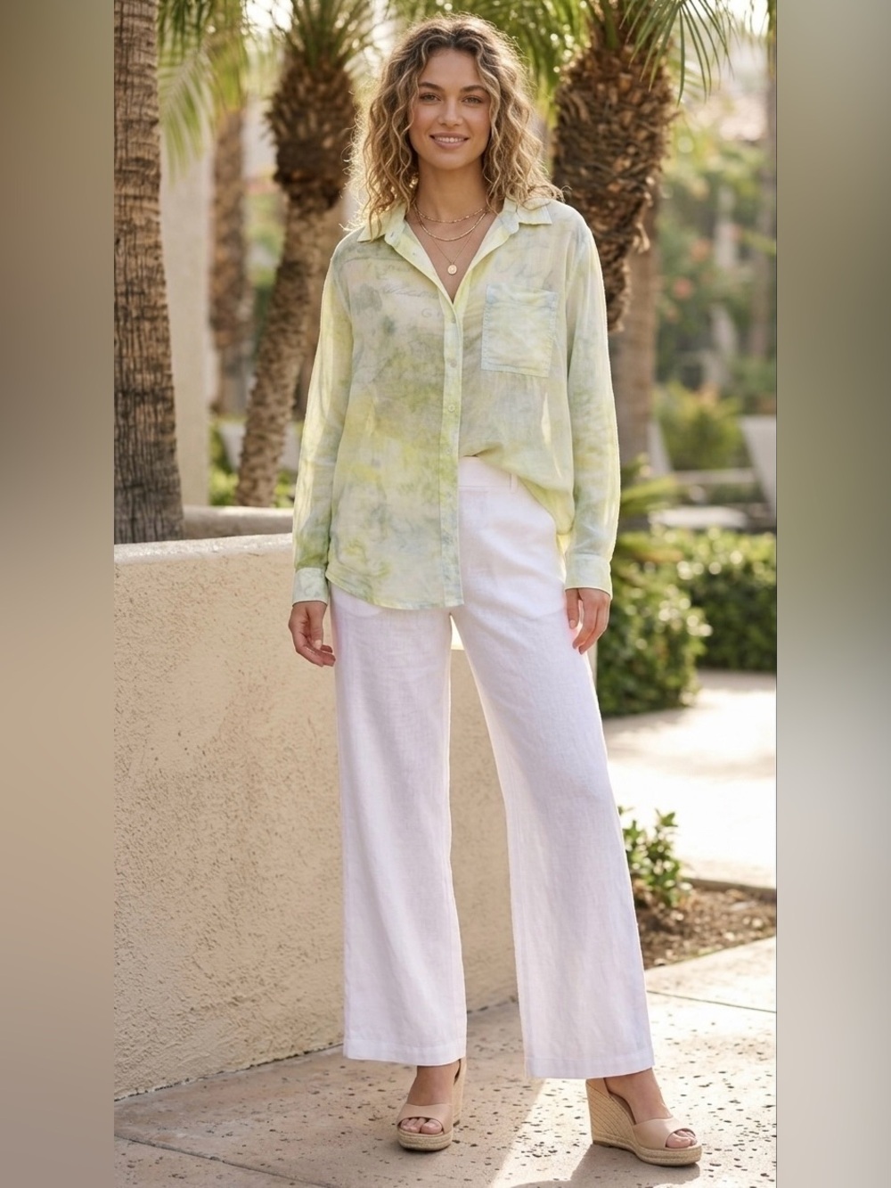 Pilcro Anthropologie Sheer Watercolor Button Down Blouse Yellow Green Size S